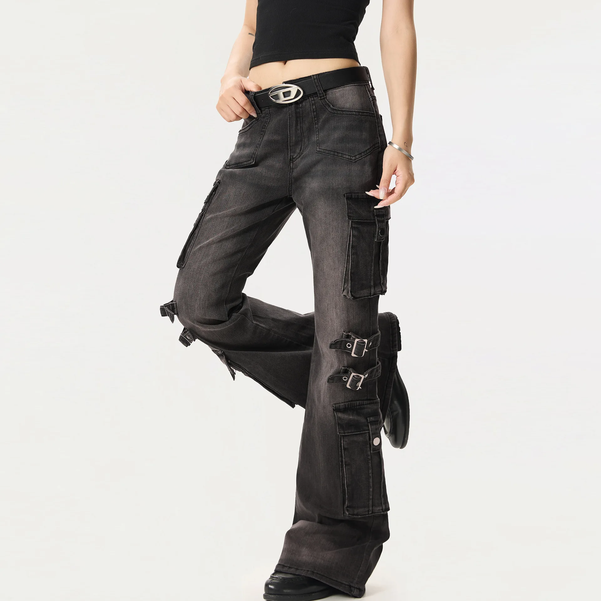 

Расклешенные мужские джинсы Y2K с пряжками и ремешками, мужские потертые брюки High Street, женские брюки в стиле хип-хоп