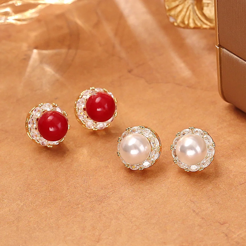 

Red pearl zircon earrings, high-end, simple and elegant, retro round earrings, fashionable, exquisite and versatile earrings