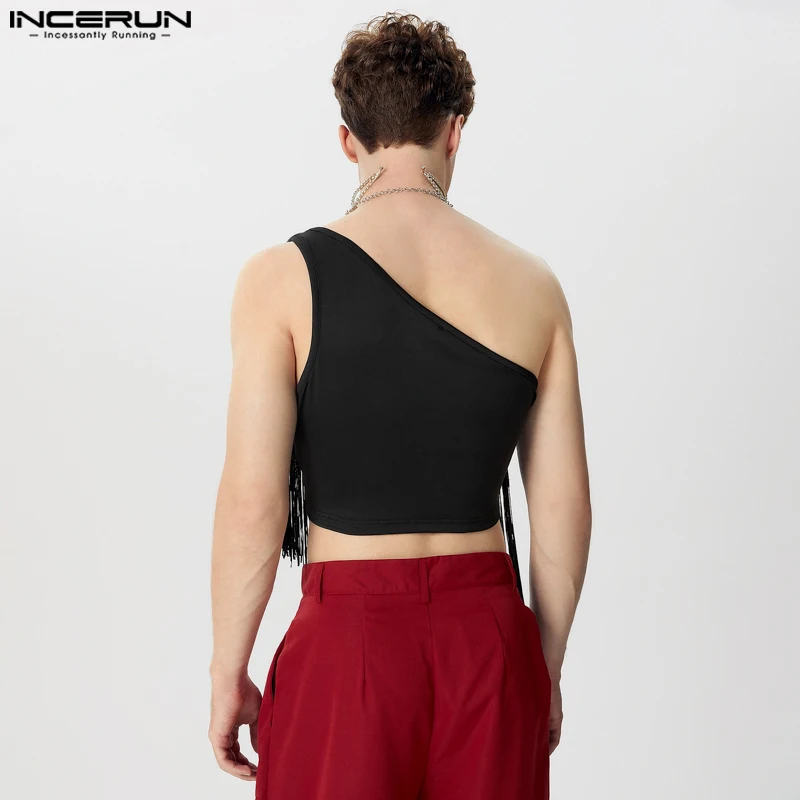 INCERUN Men Irregular Tank Tops Tassel Patchwork Skinny Sleeveless Male Vests Summer 2024 Streetwear Fashion Party Crop Tops Men