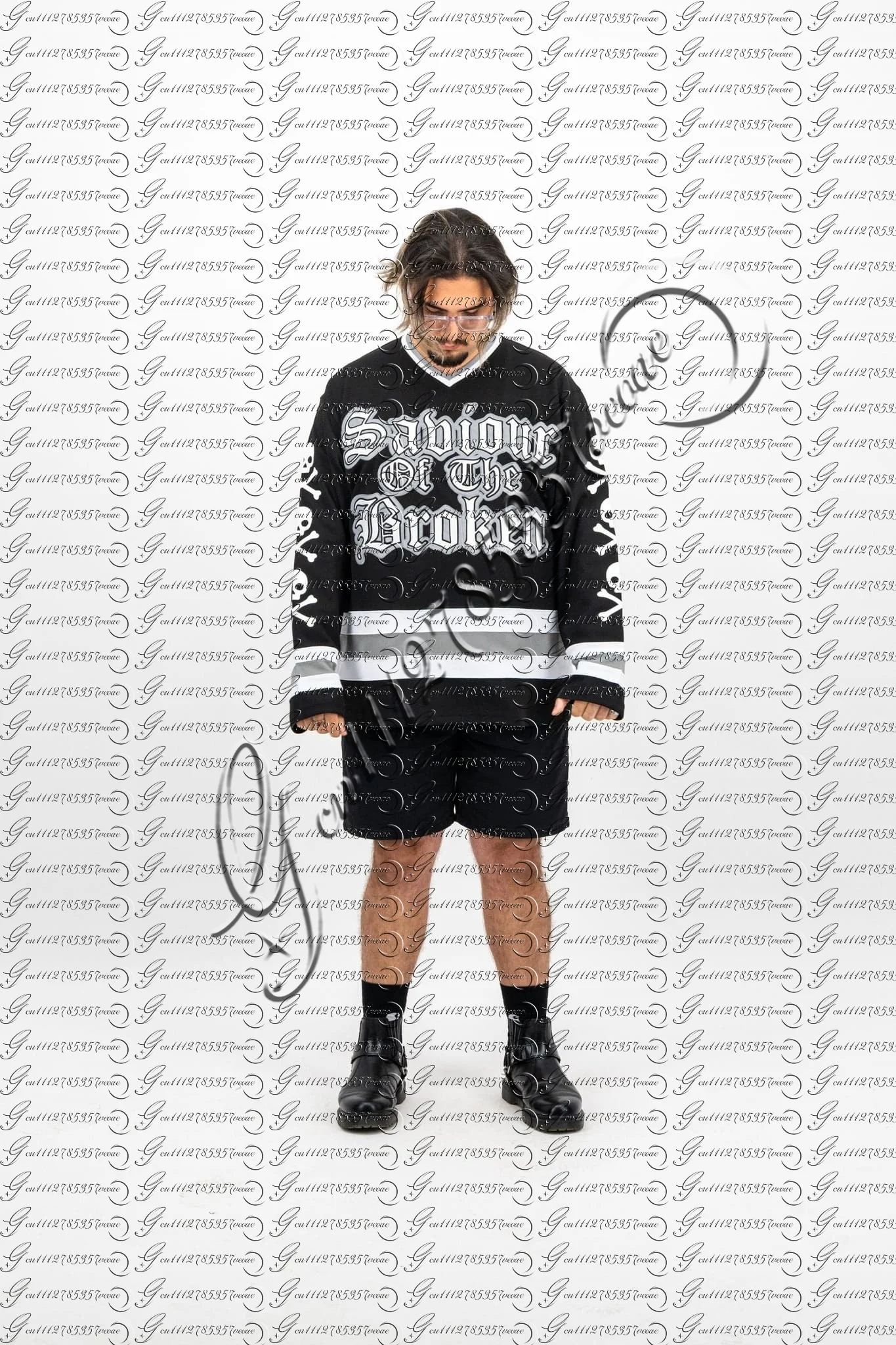 2026 Gothic Saviour of The Broken Print Hockey Jersey Men Long Sleeve Mesh V Neck Shirt Streetwear Y2K Oversized FamilyMatching