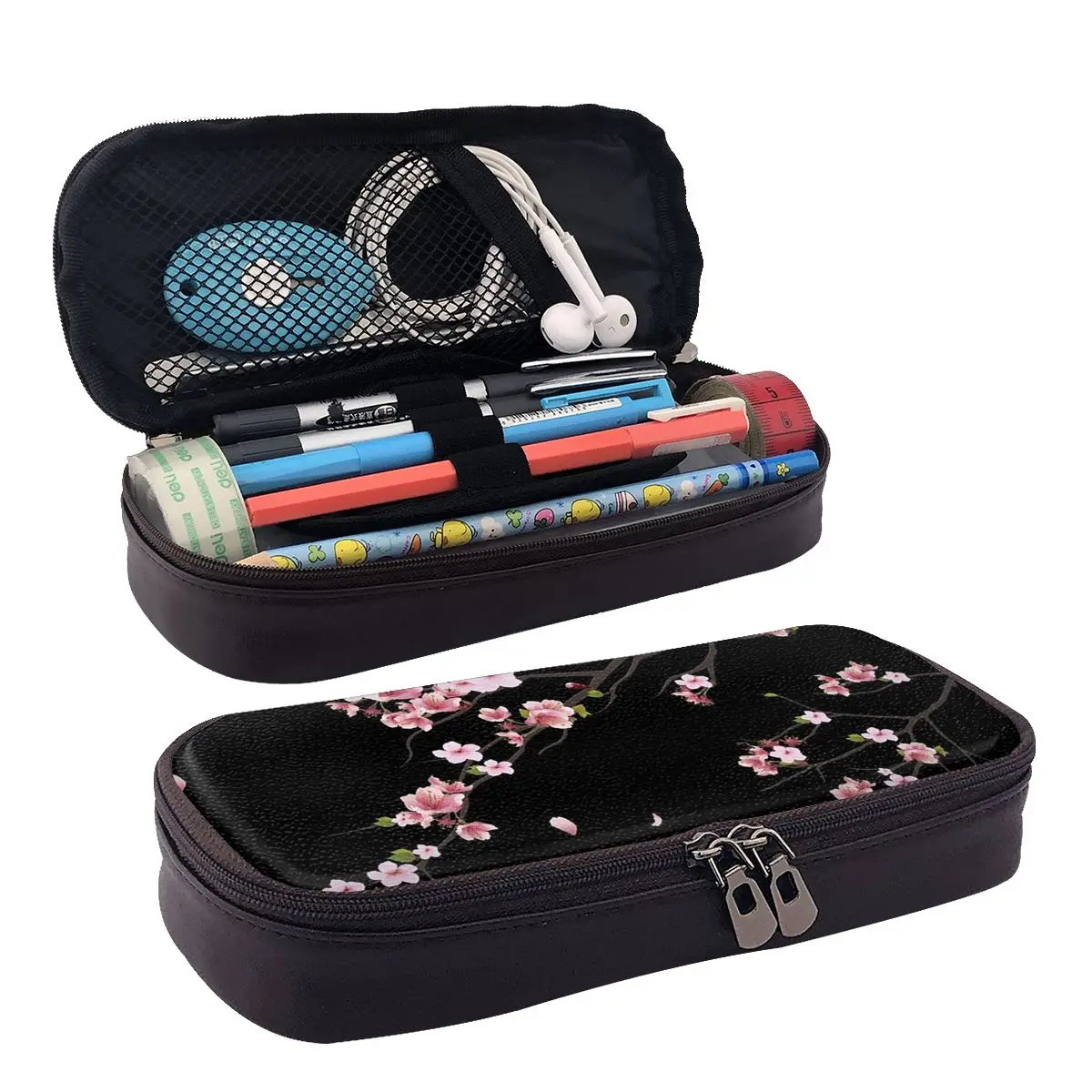 Japanese Sakura Cherry Blossoms Leather Pencil Case for Kids Gifts Pen Box Pencil Bag Stationery Supplies Pen Holder Bag
