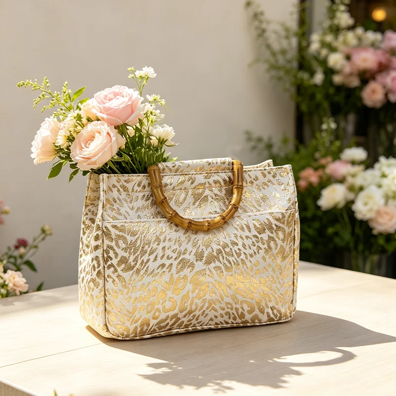 Retro Handtasche für Damen mit Leopardenmuster in Goldfolie und Bambusgriff, Handtasche mit goldenem Leopardenmuster – Detail 7