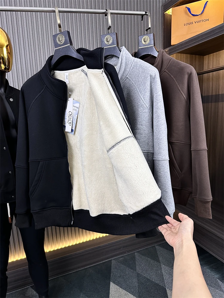 Men's Outdoor Fleece Lined Jacket Stand Collar Sandwich Air Layered Coat Autumn Winter Fashion Urban Style Long Sleeve Casual