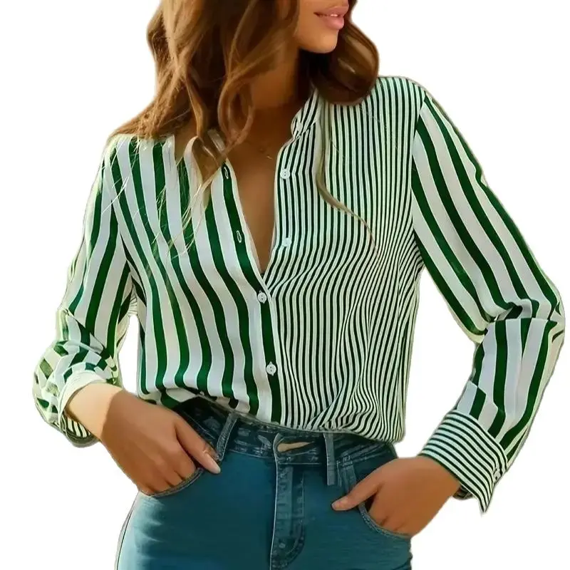 Fashion Women\'s Shirts & Blouses,Green Elegant Stripes Print Shirt,2024 Spring & Summer Plus Size Female Clothing Blouse Tops