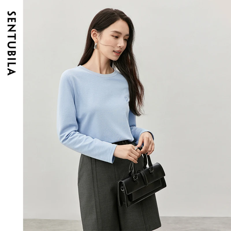 SENTUBILA Casual Cotton T-shirt for Women 2024 Autumn Simple Solid Embroidery Crew Neck Long Sleeve Basic Pullover 143T57312