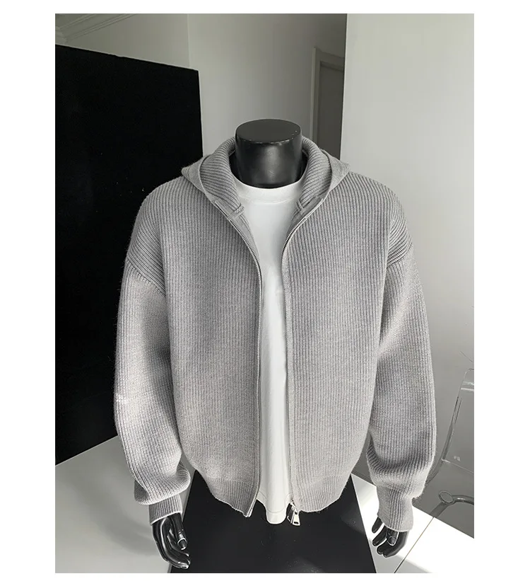 2026 New Autumn Winter Simple Solid Color Knitted Hoodie Men Japan Korean Fashion Casual Loose Double Zipper Hooded Jacket