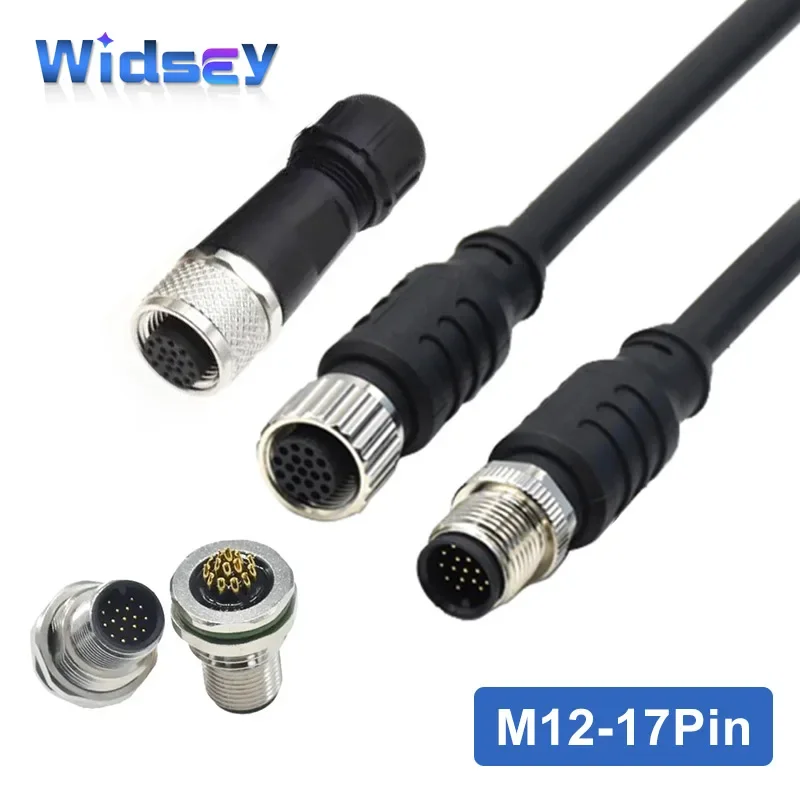 

M12-17Pin Circle Connector Metal Assembled Female Male Plug Socket Elbow with Line 30V 1.5A M12 17pin Soldering Connectors IP67