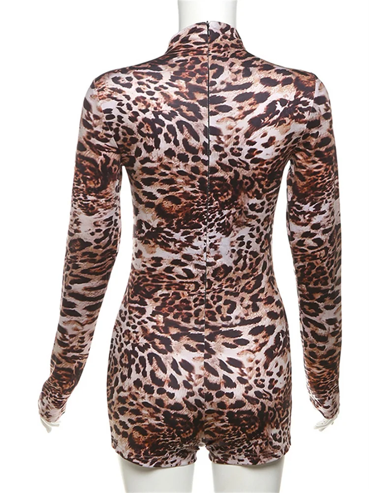 InGrily O-Neck Leopard Print Romper Women High Elasticity Fashion Hipster Long Sleeve Skinny Stretch Streetwear Sexy Playsuit