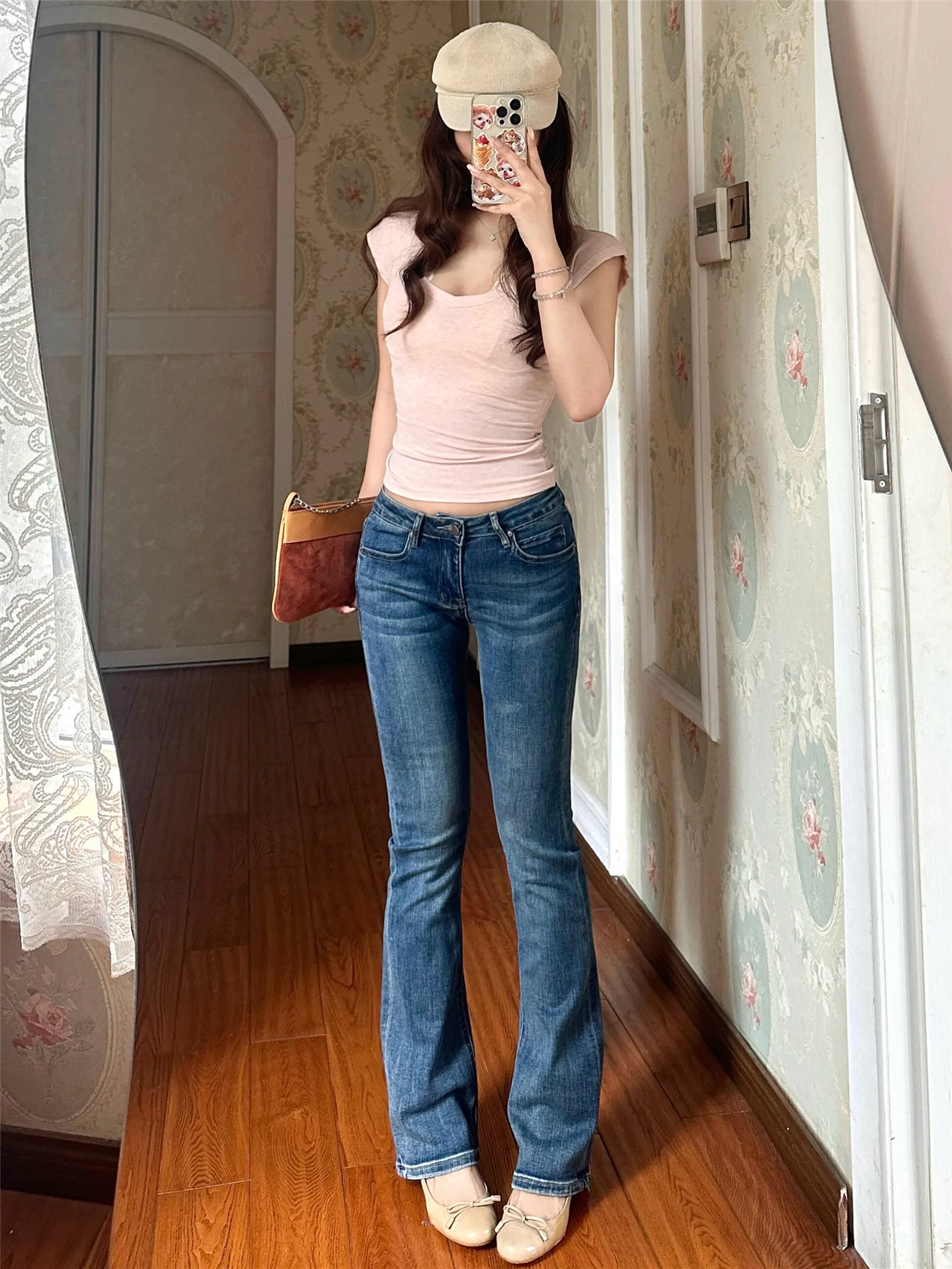 

American Vintage Low Waist Bell Bottom Jeans Women's Slimming Long Tall Extended Floor Length Pants Casual Cotton Denim