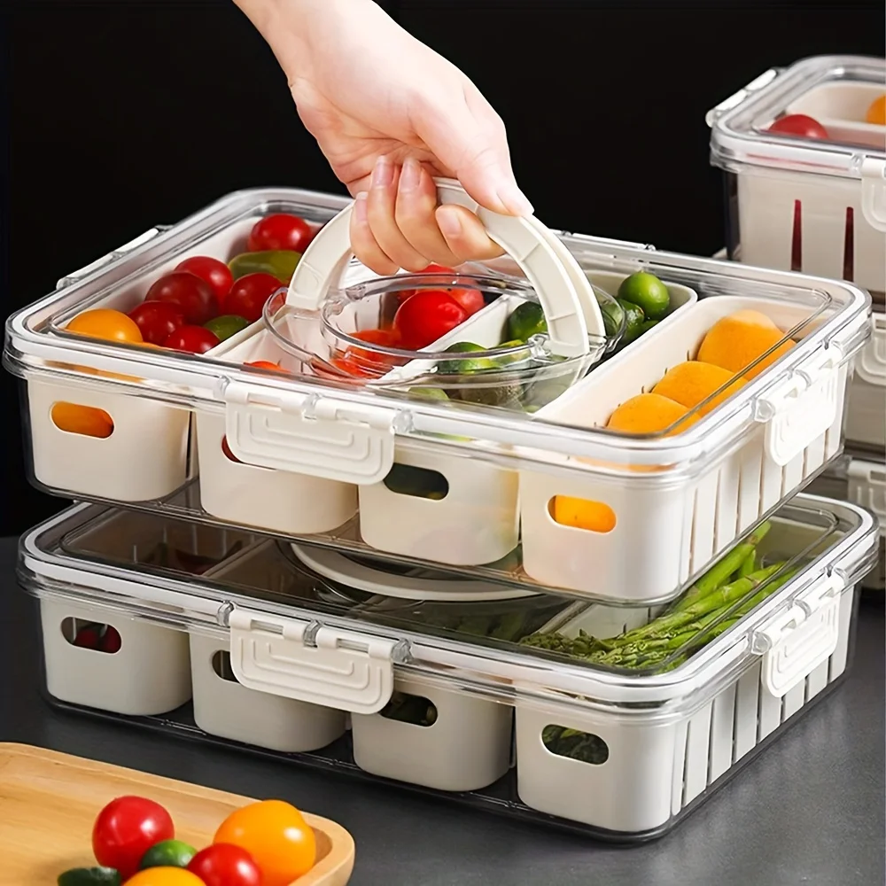Caixa Organizadora de Lanches com 4/8 Divisórias, Tábua de Charcutaria Portátil para Viagem com Tampa, Caixa de Armazenamento de Alimentos para Geladeira, Organizador de Lanches