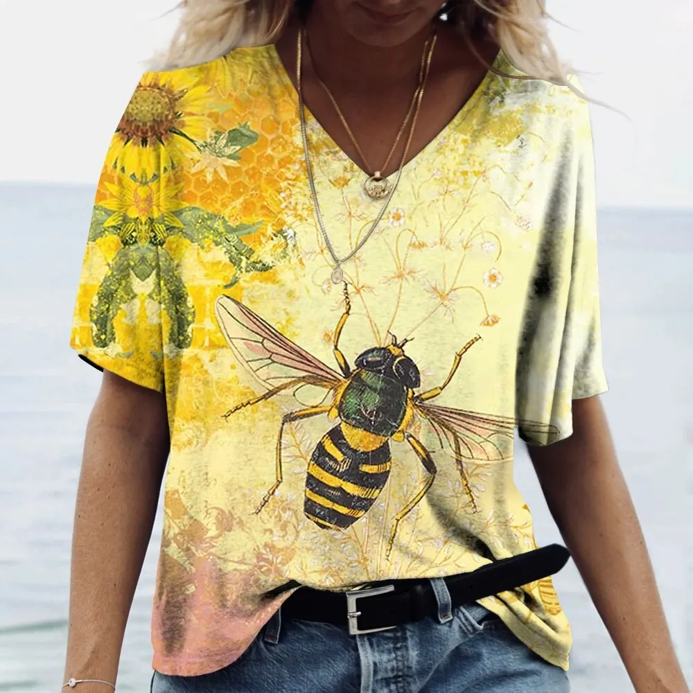Summer Honey Bee 3D Print T-Shirts Women V-Neck Short Sleeve Sunflower T Shirt Y2K Tees Oversized Harajuku Tops Female Clothing
