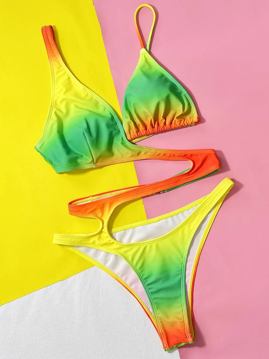 Tie Dye Asymmetric Swimsuit Tummy Cut Out One Piece Swimsuit Women Swimwear Female Monokini High Cut Bathing Suit Swim Beachwear