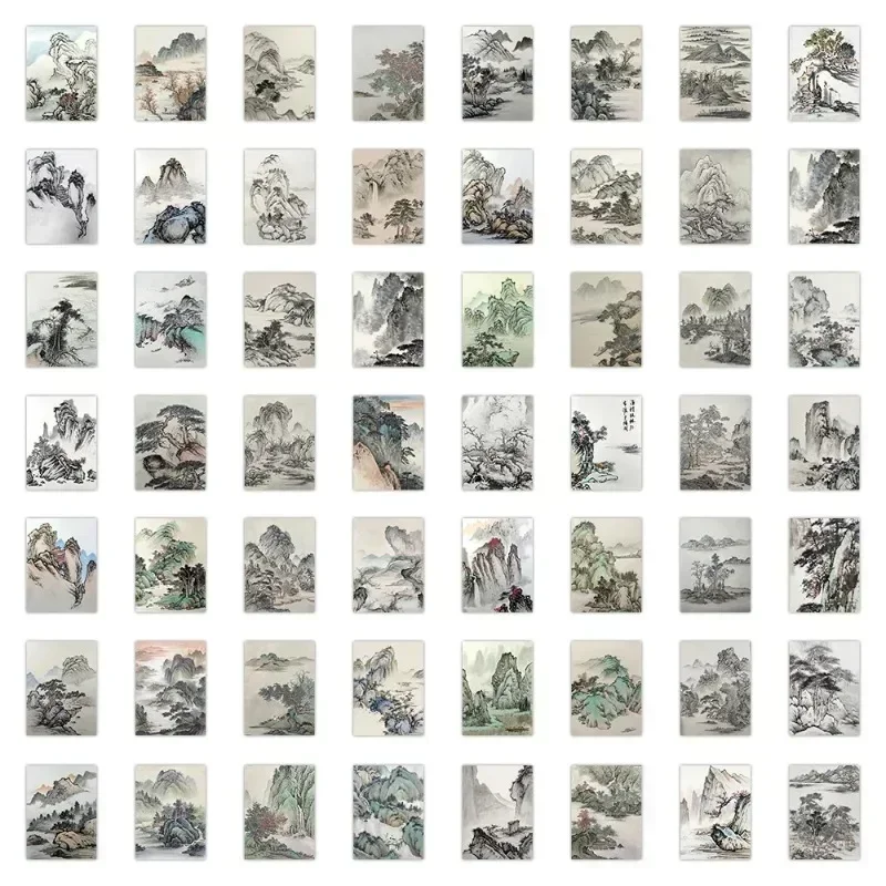 60Pcs Retro Aesthetic View Illustration Decorative Sticker Chinese Style Landscape Painting Stickers for Phone Fridge Notebook