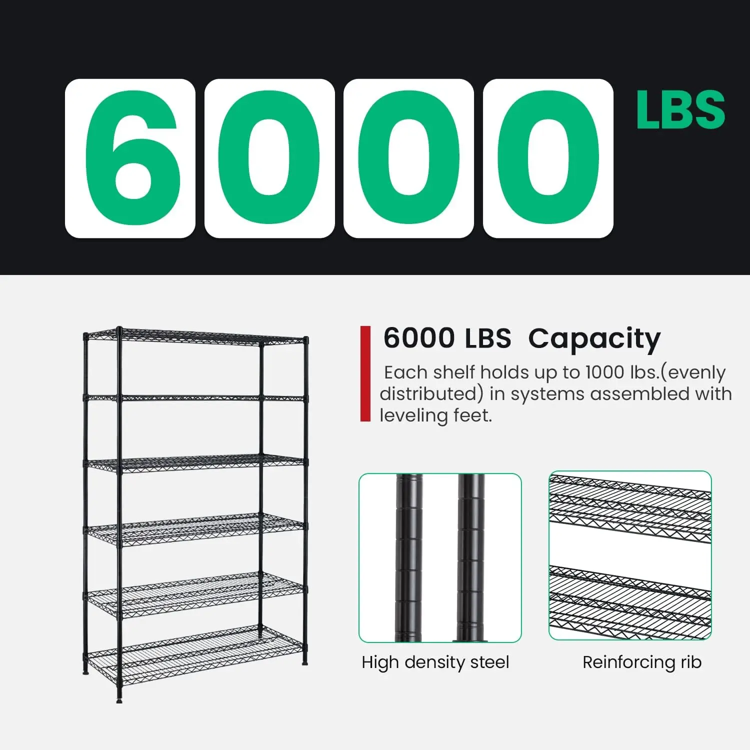 Commercial Grade 6 Tier Adjustable Storage Shelf Heavy Duty Metal Shelf NSF Certified Wire Shelving Unit with Wheels 6000LBS