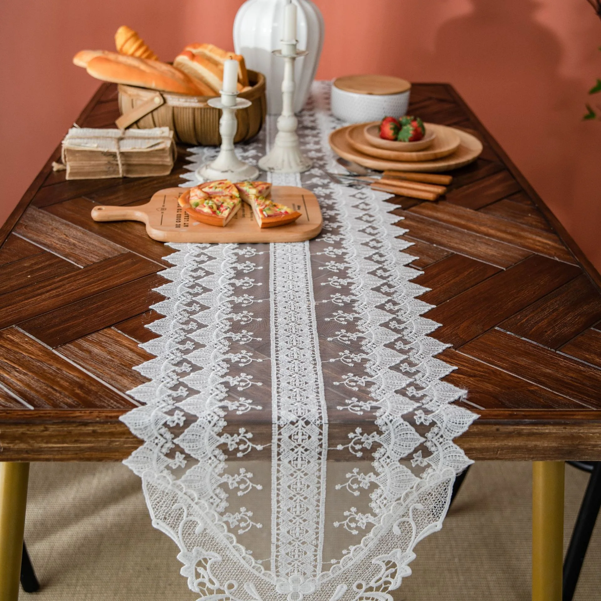 Vintage White Lace Table Runner, Hollow Embroidered Table Flag, Boho Table Decor for Dining Table, Coffee Table, Dresser