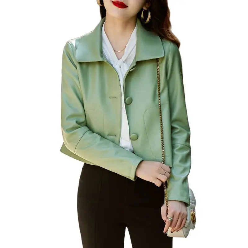 

PU Leather Jackets Women's Short Coat 2023 Spring Autumn New Fashionable Lapel collar Leather Clothing Ladies Coats 4XL