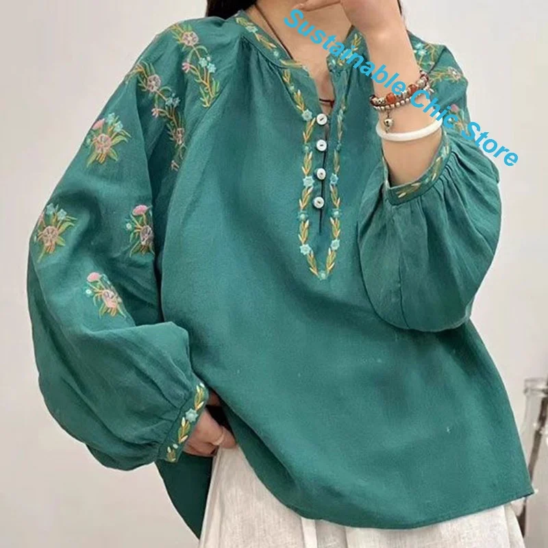 Chinese folk style embroidery new buckle oblique shirt women's summer retro long-sleeved cotton and linen loose casual T-shirt
