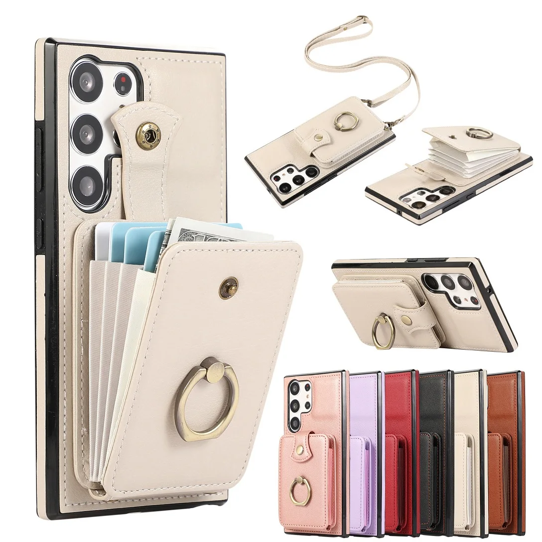 

Classical Crossbody Leather Card Holder Wallet Case For Samsung Galaxy S24 S25 Ultra S23 FE S22 Plus A56 Purse Ring Stand Cover
