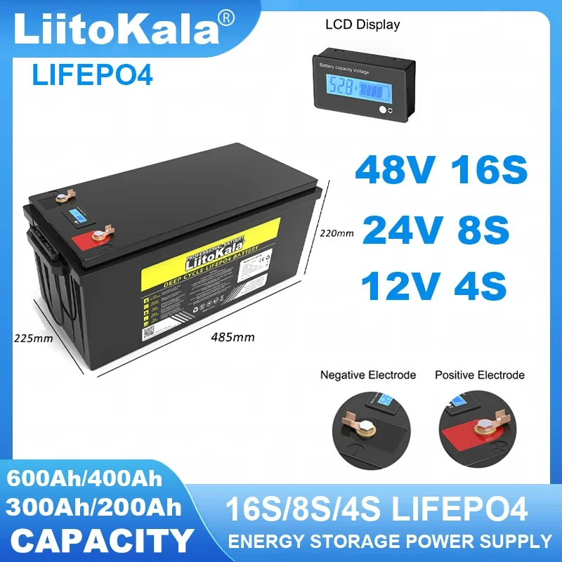 

LiitoKala 48V 24v 12v 600ah 200ah 100AH LiFePO4 Battery 16s 8s Lithium Iron Phosphate Solar Energy RV Camping Batteries Tax Free