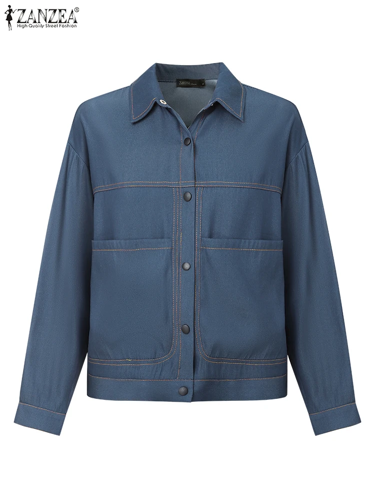 ZANZEA 2025 Vintage Denim Shirts Women Autumn Long Sleeve Blusas Casual Loose Buttons Pockets Tops Korean Lapel Neck Tunic