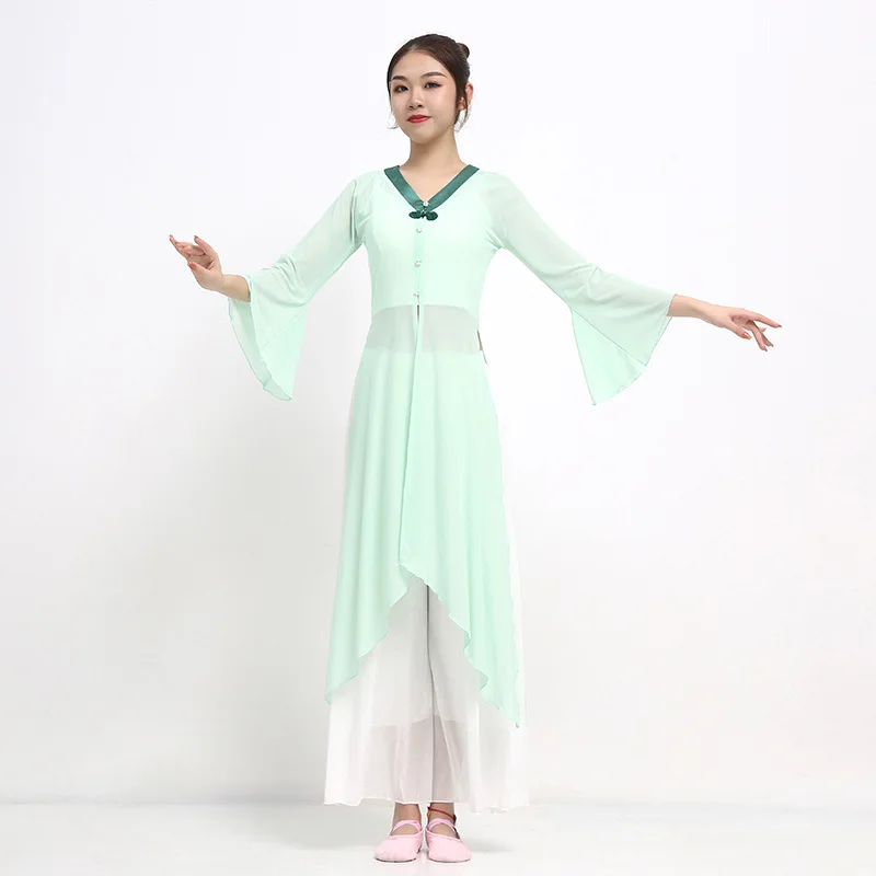 New classical dance clothes body rhyme gauze clothes solid color tops Chinese dance horn sleeves practice clothes set elegant