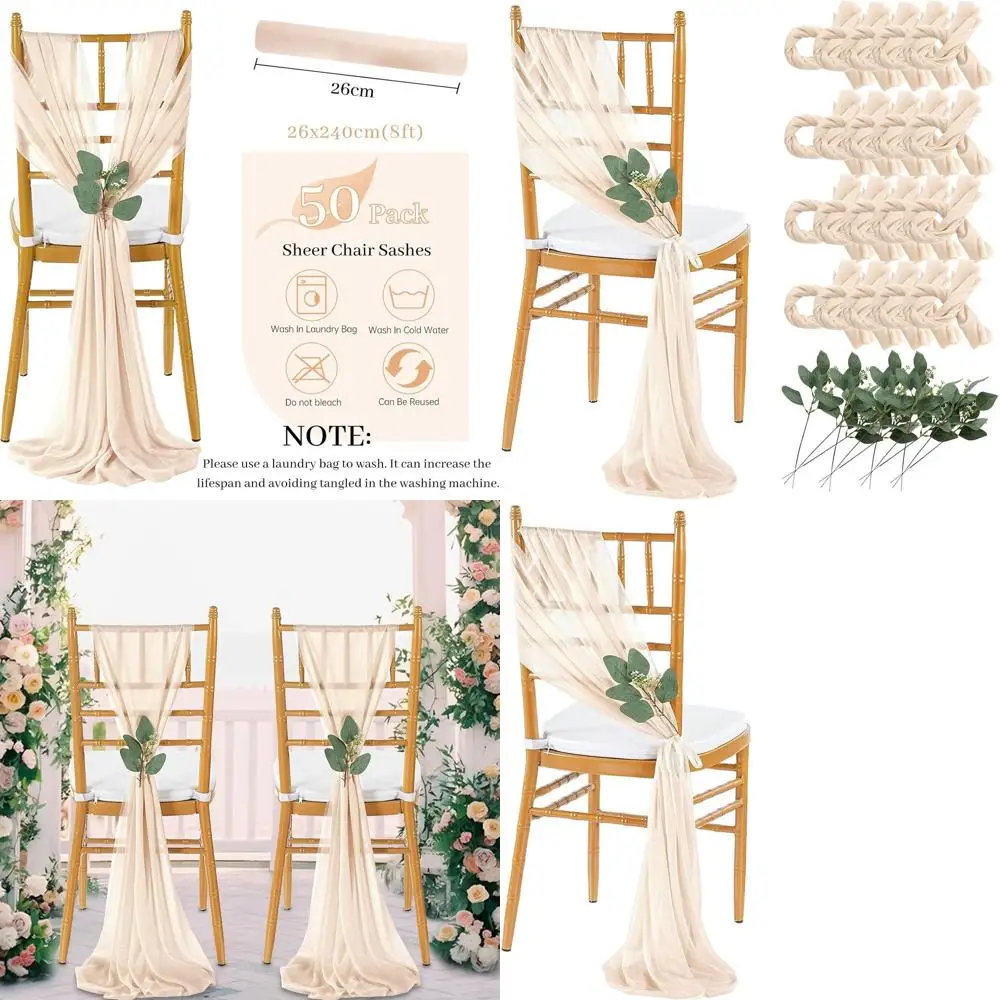 

Sheer Bow Chair Sashes for Weddings and Events: 50 Pack 8ft Decorative Chair Ties