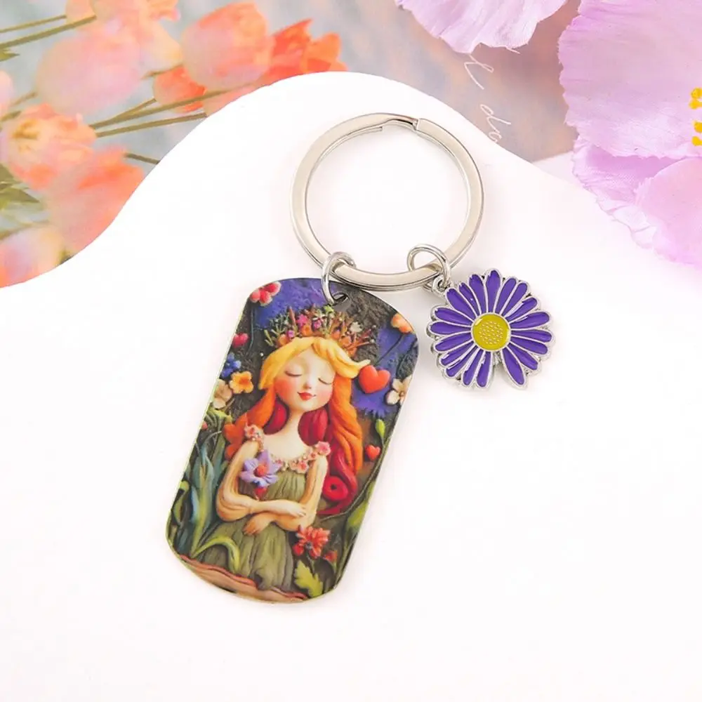 Cute Sunflower Girl Stainless Steel Keychain Born in The Sun Metal Bag Decorations Stainless Steel Engraved Bag Pendant Women