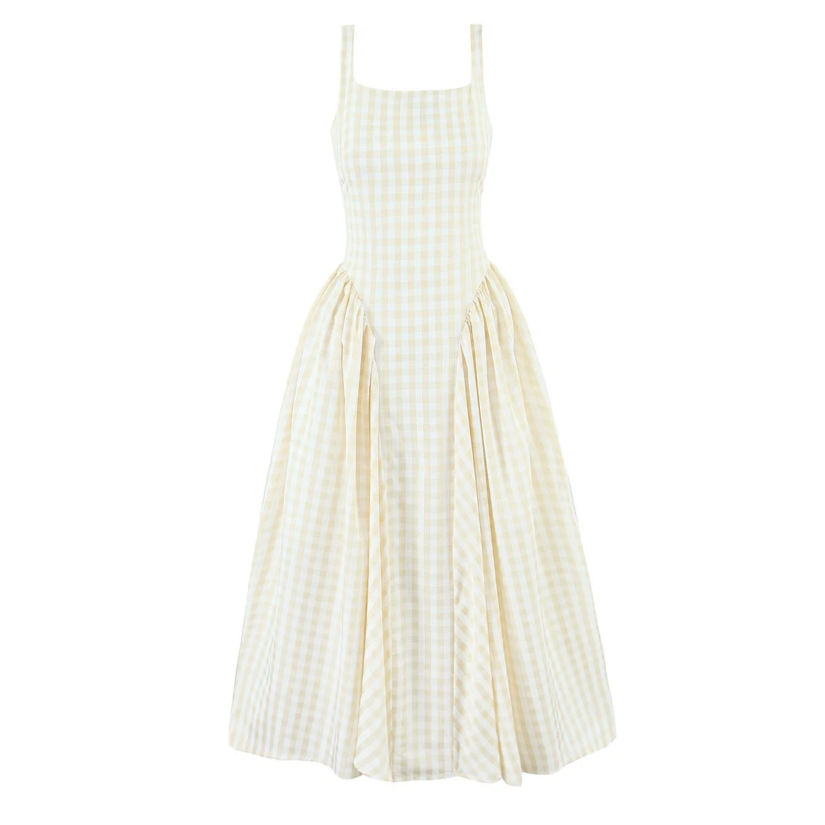 

Sexy Yellow White Plaid Square Collar Sling Midi Dress Women Cross lacing Up Back Low Waist Ruched Swing Tank Dresses Robe