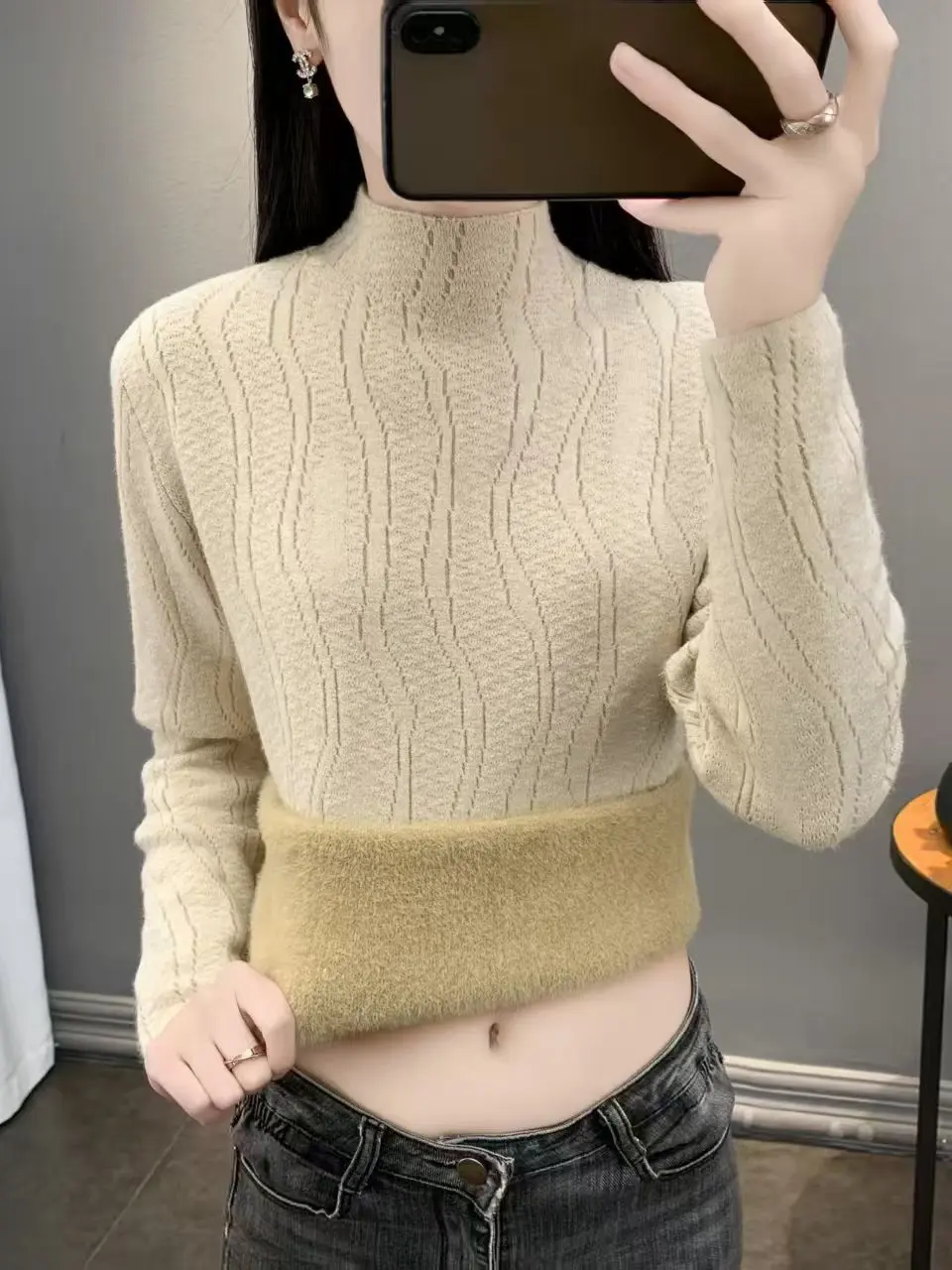 Maglieria da donna foderata in Fce f High Ne Abbigliamento interno termico Top Inteated Velvet Thiened Autunno Inverno New Sle