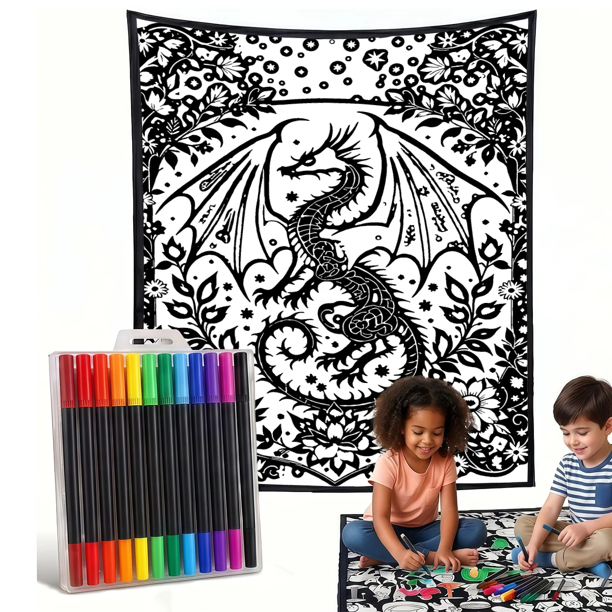 Red Floral Moon Dragon DIY Cozy Coloring Blankets -24 Markers, Cozy Velvet Ideal For Daily Use Home Decor And Kids Spaces