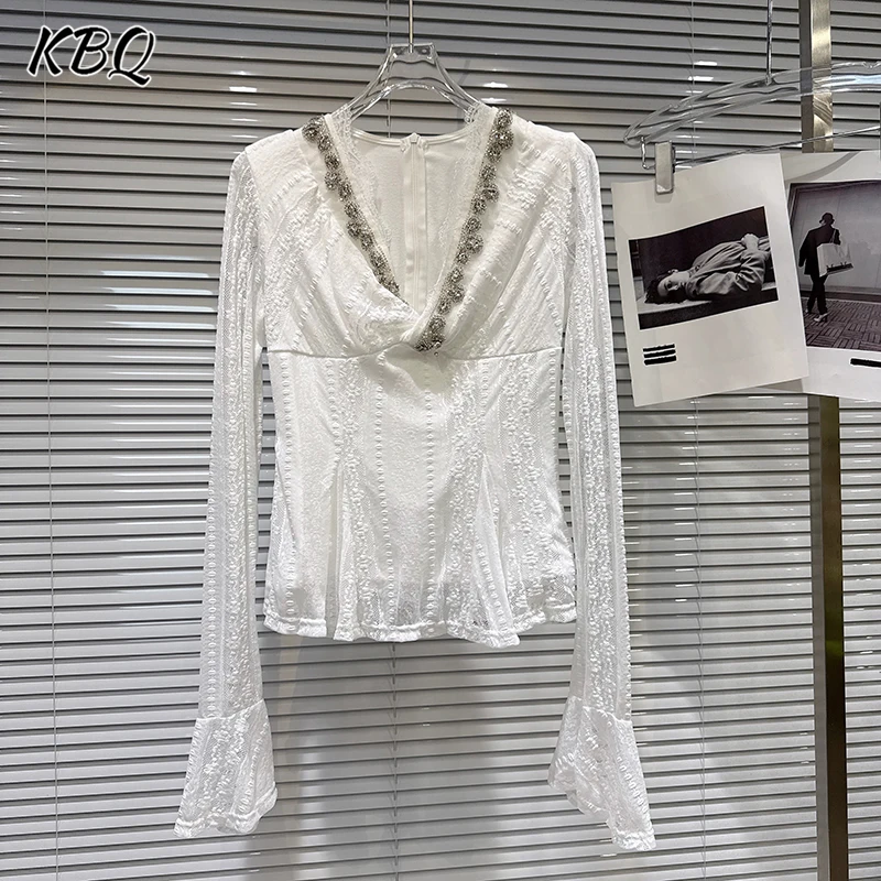 

KBQ Solid Spliced Diamonds Loose French Style Blouse for Women V Neck Long Sleeve Twisted Design Base Shirt Female Winter New