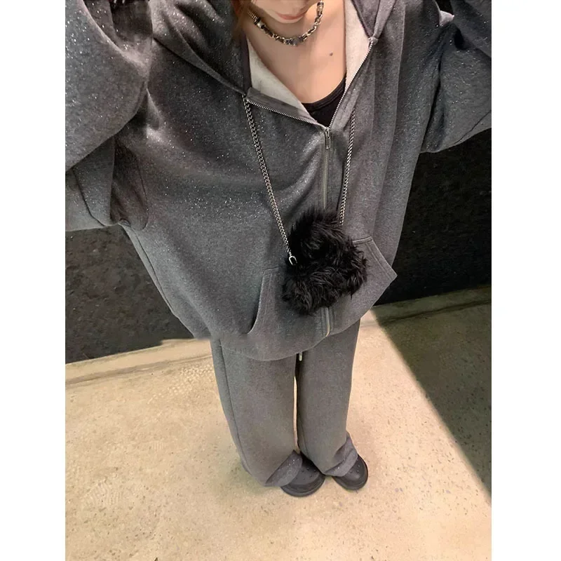 

Autumn Winter Y2k New Shiny Hoodies Sweatshirts And Pants Suit Korean Kpop Zip Coat Vintage Gentle Versatile Cardigan Women