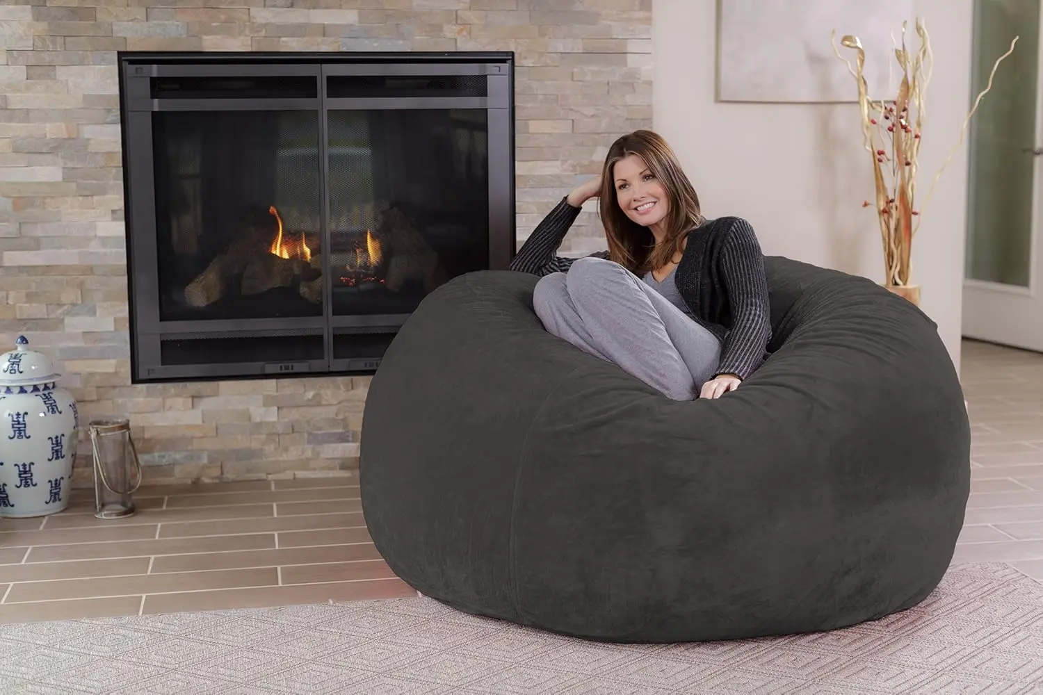 Bean Bag Chair: Giant 5' Memory Foam Furniture Bean Bag - Big Sofa with Soft Micro Fiber Cover - Grey Furry