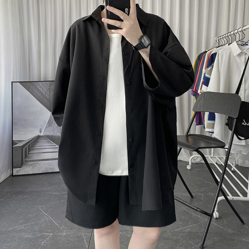 Told Tale Oversized Men\'s Shirts Black/White Harajuku Men Seven Sleeves Casual Shirt Tops Summer Daily Streetwear Man Blouse