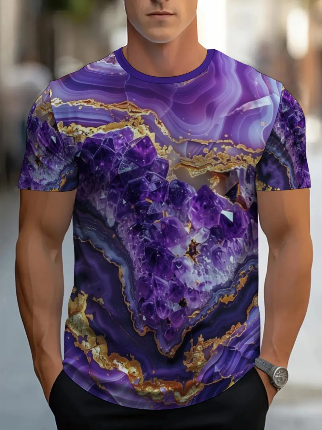 Men Purple Amethyst Geode Gold Foil Marble Agate Crystal Full Print Crew Neck Short Sleeve Tee