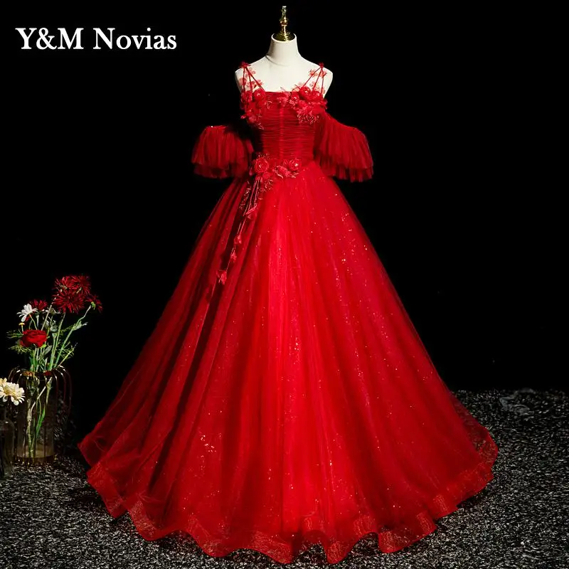 New Fashion Shinny Tull Sweet Red Quinceanera Dresses Short Sleeve For Party Vestidos 15 Anos Vintage Quinceanera Gown Plus Size