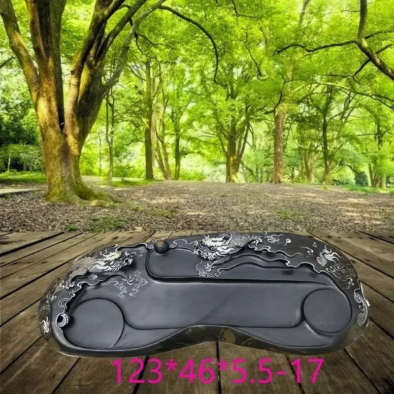 Stone material, gold halo leather, ribbon pattern inkstone tea table, Longxing hollowed out, Shuanglong playing beads