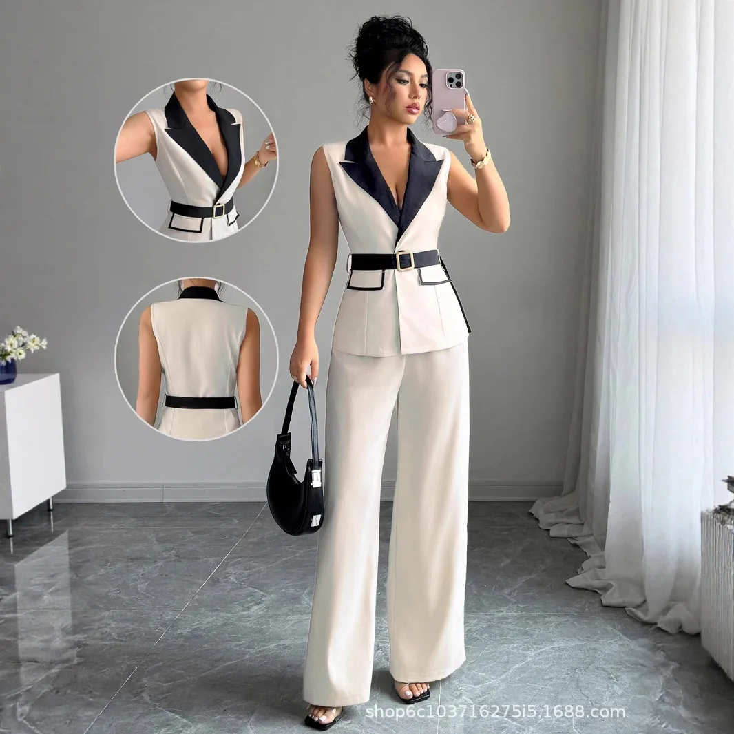 

Vest Suit Women Wide Leg Pants Waistcoat 2 Piece Sets Sleeveless Jacket Belt Tight Waist Outfits Trousers Office Lady Ensemble