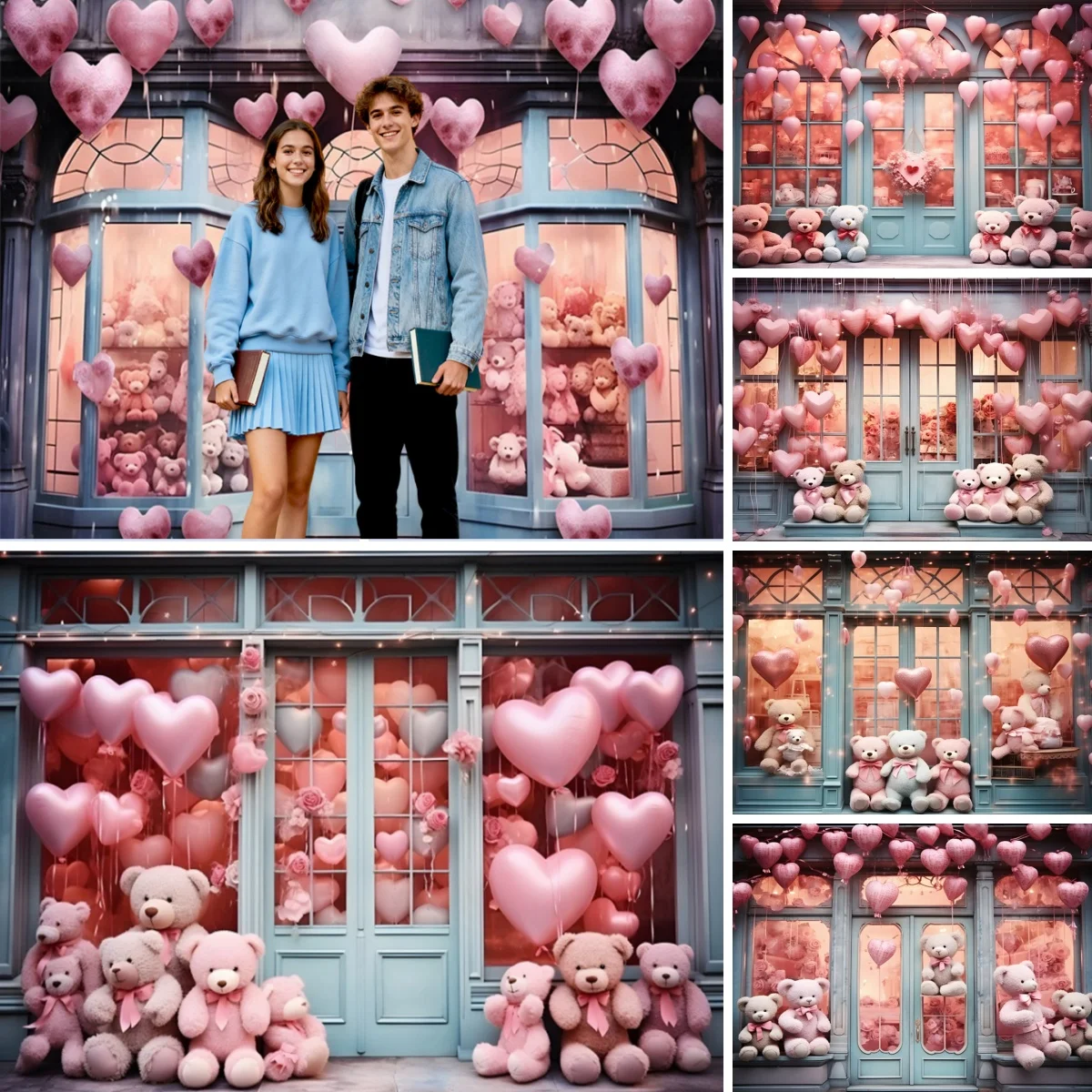 Valentine's Day Love Store Photography Background Pink Heart Balloons Teddy Bears February 14th Couples Portrait Photo Backdrop