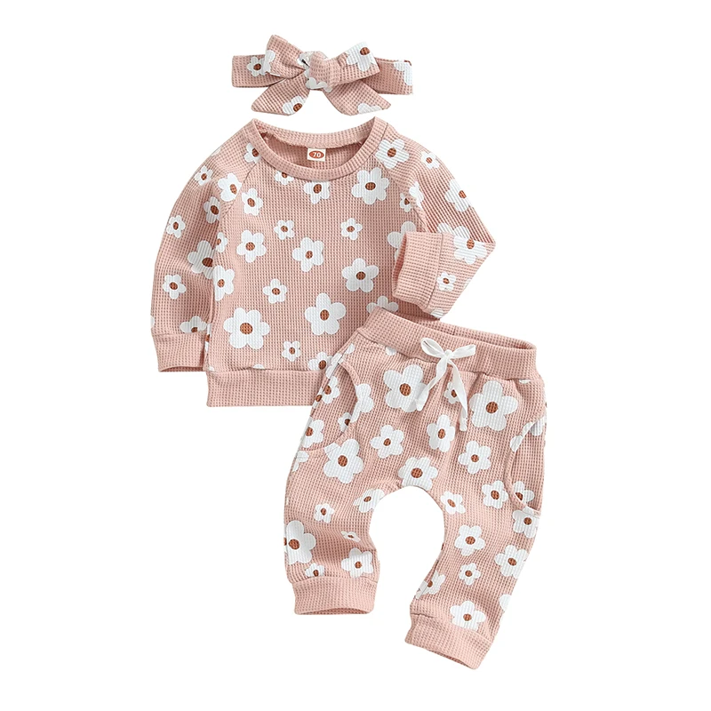 

Newborn Baby Girl Clothes Floral Print Waffle Long Sleeve Sweatshirts Tops Pants Set Fall Winter Outfits