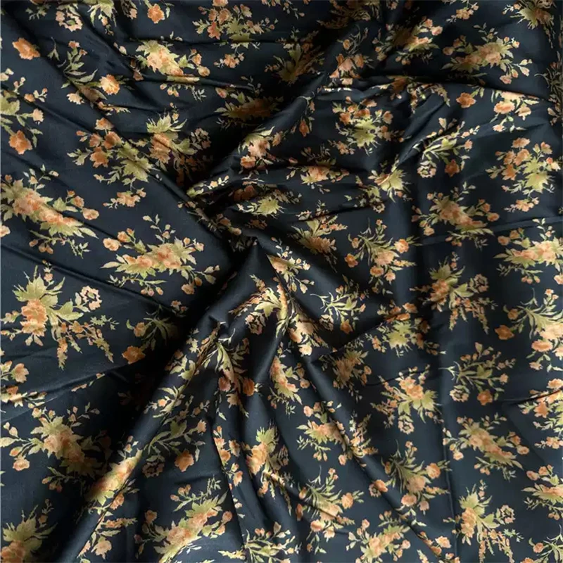 

1 meter 95% Mulberry Silk 5% Spandex 20 Momme Charmeuse Silk Fabric Black Floral Printed 140cm 55" wide by the yard JN747