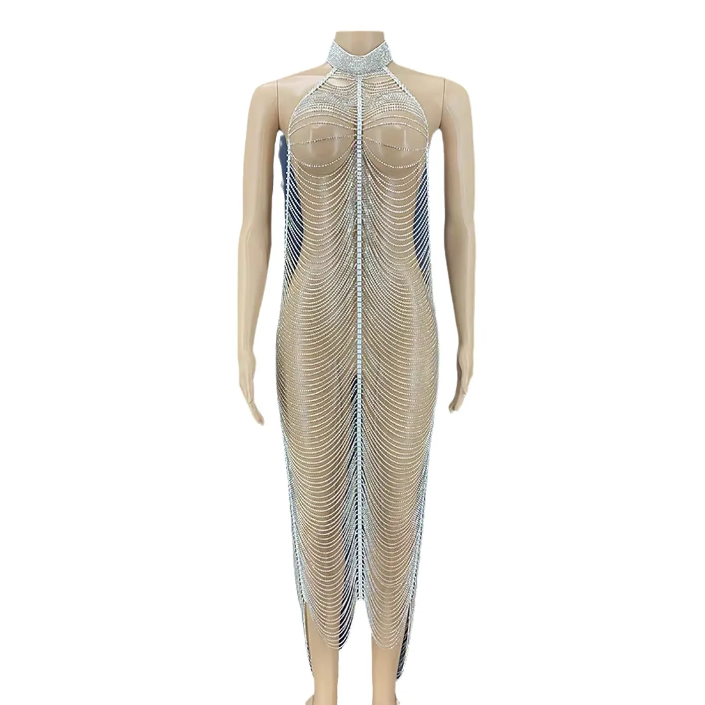 

Sexy Neck Shiny Crystal Chain Luxury Silver Sleeveless Long Evening Dress - For Hot Club Performance Bachelorette Party Dresses