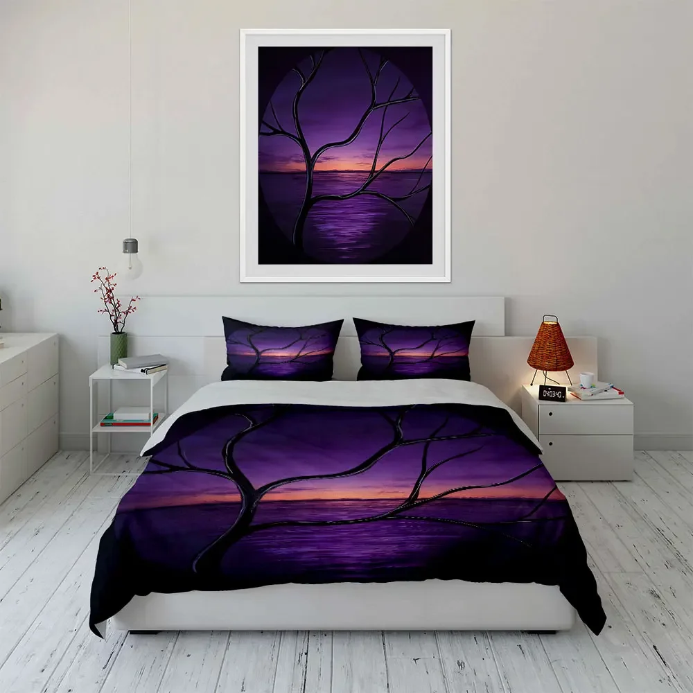 Purple Sunset Art Decor Soft Comfortable Duvet Cover Bedding Set Included 1*Duvet Cover & 2*Pillowcases, gift