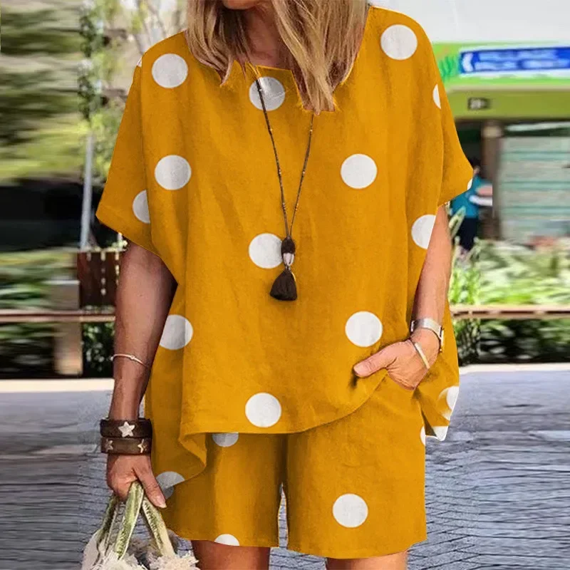 

2024 Spring Oversize Women Suit Short Polka Dot O-neck Top Short Pants Loose Suits Female Casual Trendy Elegant Ladies Clothes