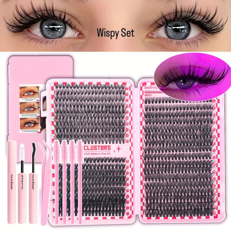 Estensioni ciglia 740 pezzi con colla e pinzette - Ciglia finte dall'aspetto naturale, lunghezze miste 9-16 mm (10-18 mm), arricciatura 30D/40D/50D