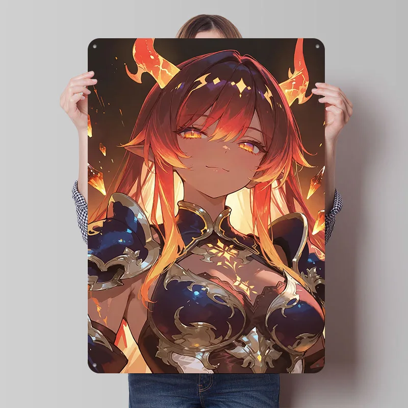 Fiery Demon Girl in Armor Printing Poster Customized Retro Wall Art Vintage Metal Signs for Mancave Home Decor Living Room House