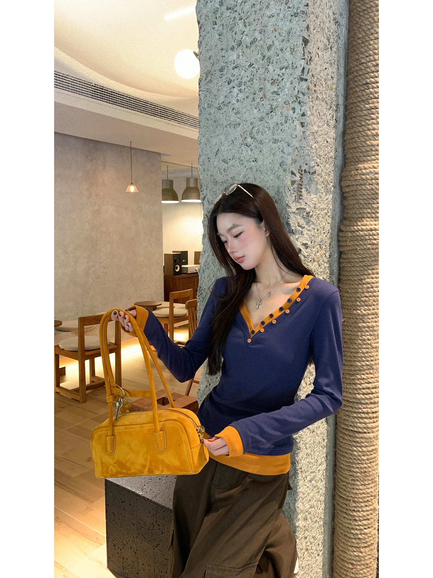 

Женская футболка Slim Fit Long Sve V-Ne Base irt с внутренней частью синего цвета, новинка 202, осенне-зимняя коллекция G Sle