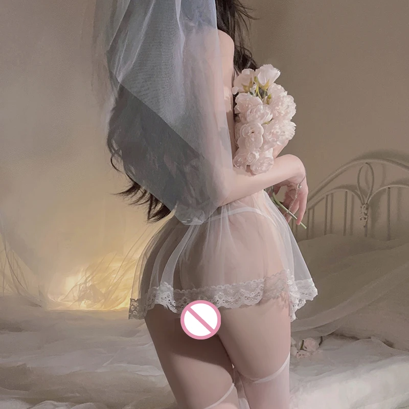 حجاب العروس لعب الأدوار فستان الزفاف الاباحية المثيرة الملابس الداخلية النسائية الدانتيل مثير المرأة موحدة بيبي دول تأثيري ازياء الملابس الداخلية #5