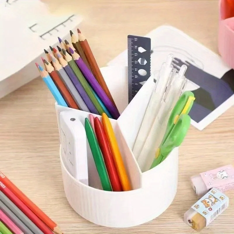 قطعة واحدة من حامل القلم الدوار، صندوق تخزين أقلام سطح المكتب للطلاب المكتبي، صندوق فرشاة للمكياج بثلاث فتحات لتخزين المكتب
