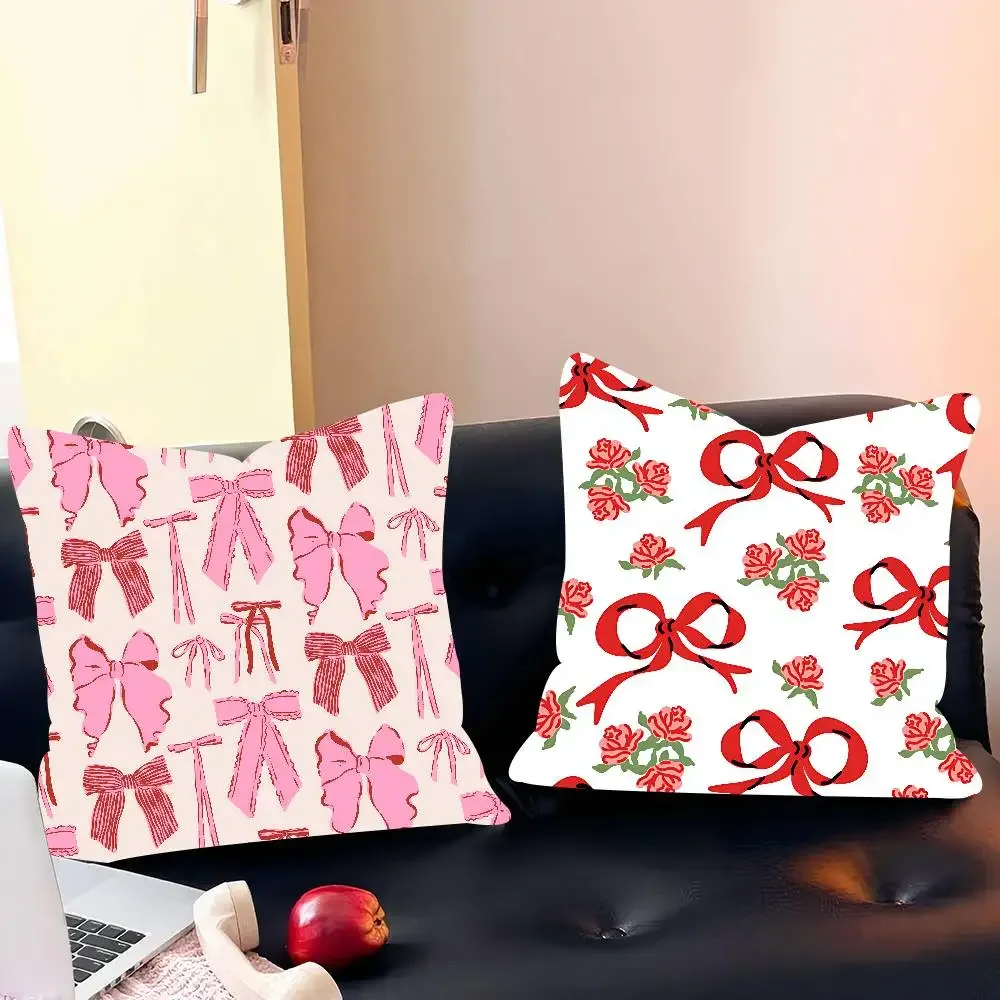 

Art Pink Bow Pillow Covers Cartoon Sofa Decorative Home Double-sided Printing Short Plush Cute Cushion Cover